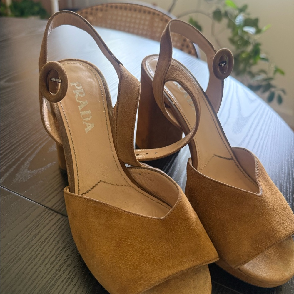 Prada Tan Suede Block Heel Sandals - Size 7.5 - Picture 3 of 5